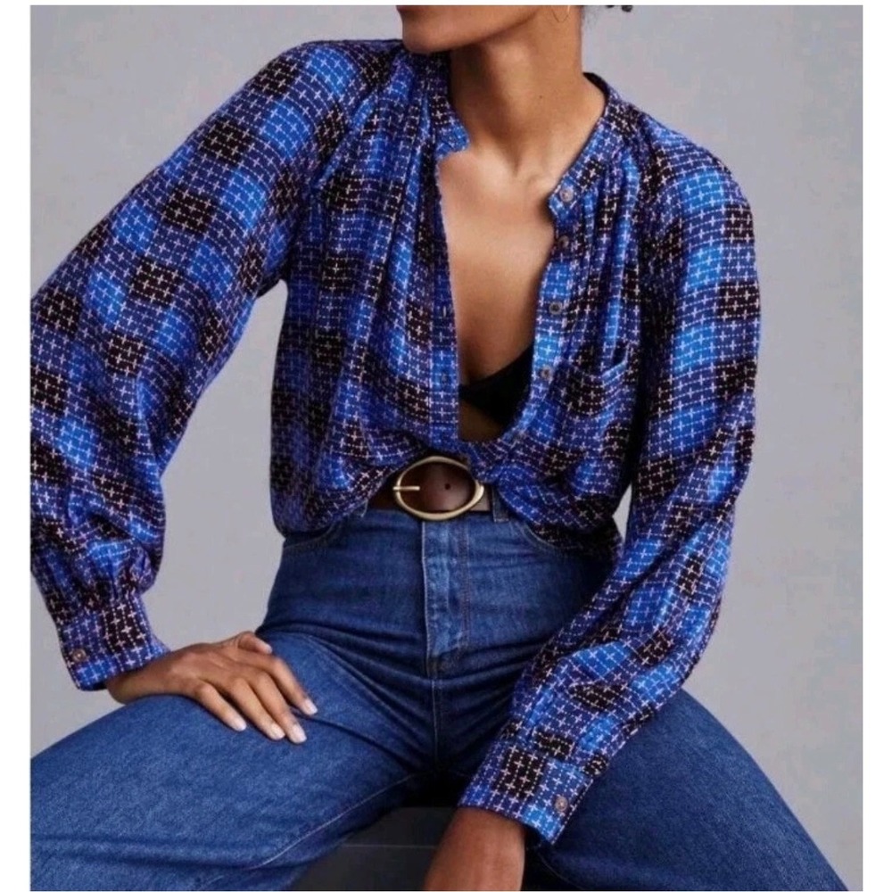 Pilcro and the Letterpress Anthropologie Blue Plaid Wool Blend Blouse Small